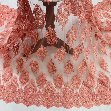 Beaded Corded Lace Fabric on Polyester Net Mesh