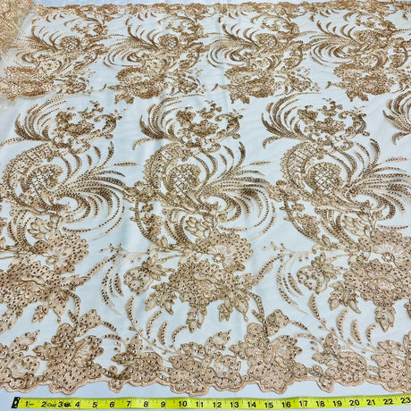1 Yard - Corded & Sequined Bridal Lace Fabric Embroidered on 100% Polyester Net Mesh - 54"