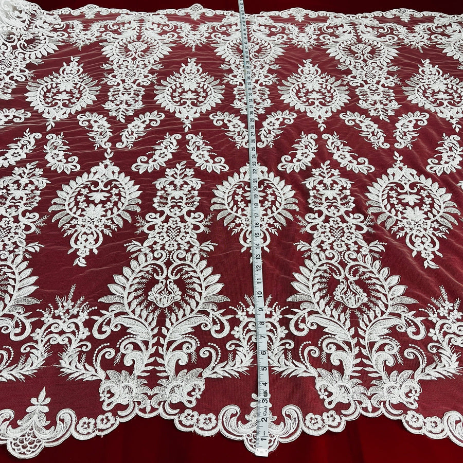 1 Yard Elegant Beaded & Corded Bridal Lace Fabric on 100% Polyester Net Mesh - White