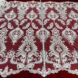 1 Yard Elegant Beaded & Corded Bridal Lace Fabric on 100% Polyester Net Mesh - White