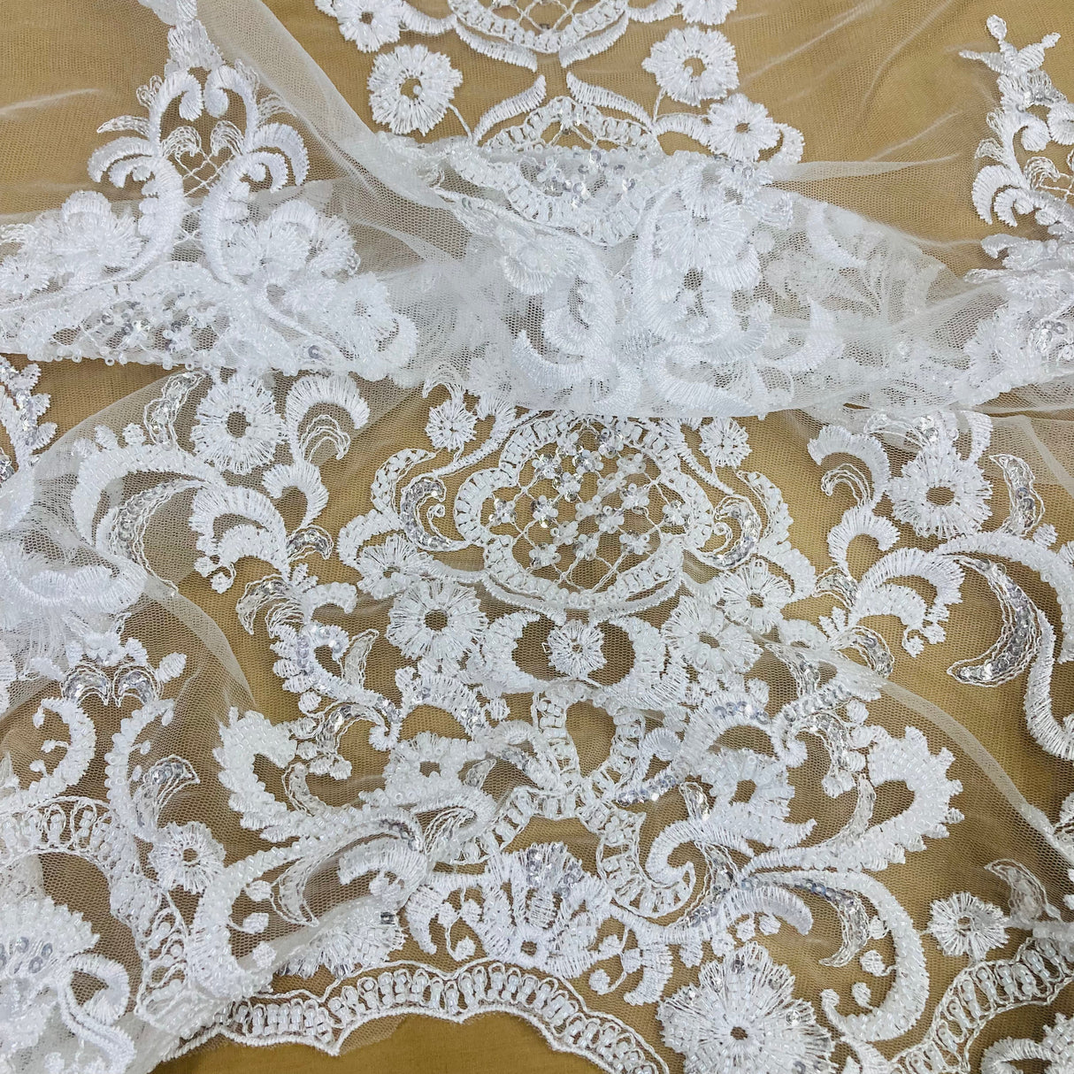 Beaded Lace Fabric on Polyester Net Mesh