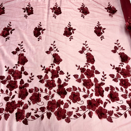 1 Yard - 3D Floral Lace Fabric Embroidered on 100% Polyester Soft Tulle Net Mesh