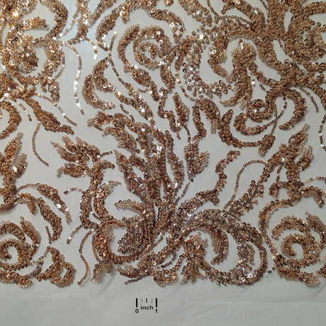 Beaded Sequined Lace Fabric Rose Gold