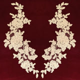 Beaded Corded Floral Lace Applique Polyester Fabric - Embroidered Net Mesh, 13" X 3", Black, Gold, Ivory, Silver, White, Ivory With Rose Gold Cording, White With Rose Gold Cording (1 Pair)