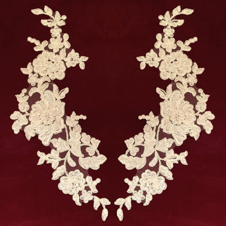 Beaded Corded Floral Lace Applique Polyester Fabric - Embroidered Net Mesh, 13" X 3", Black, Gold, Ivory, Silver, White, Ivory With Rose Gold Cording, White With Rose Gold Cording (1 Pair)