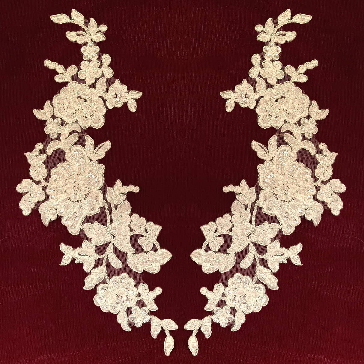 Beaded Corded Floral Lace Applique 100% Polyester Net Mesh 13" x 3"