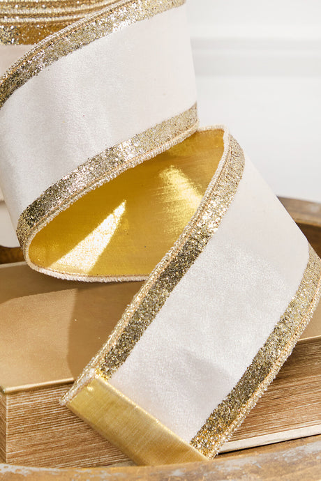 4" x 10 Yard Ivory Velvet with Gold Stripe Ribbon