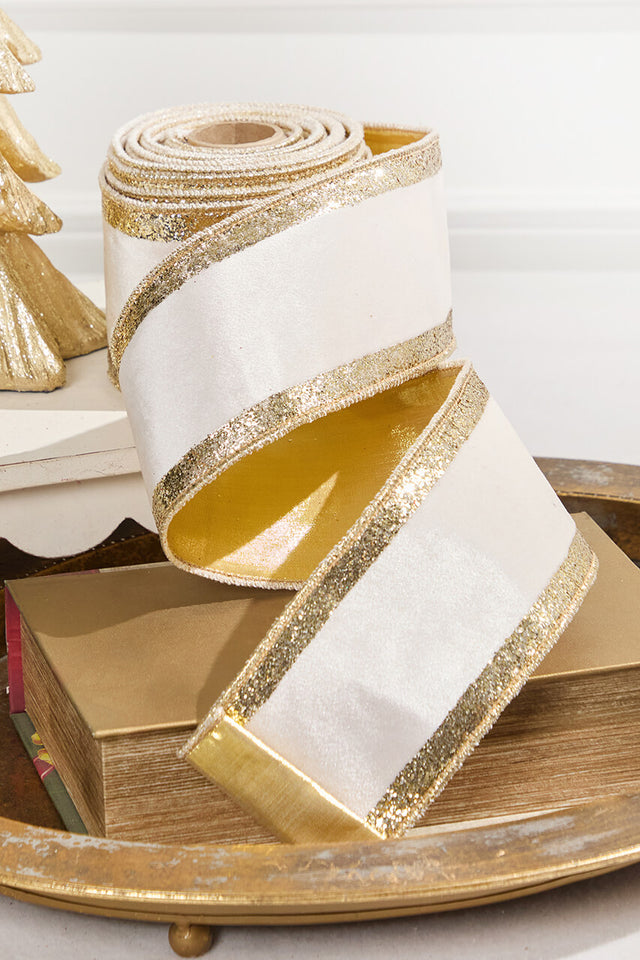 4" x 10 Yard Ivory Velvet with Gold Stripe Ribbon