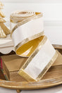 4" x 10 Yard Ivory Velvet with Gold Stripe Ribbon