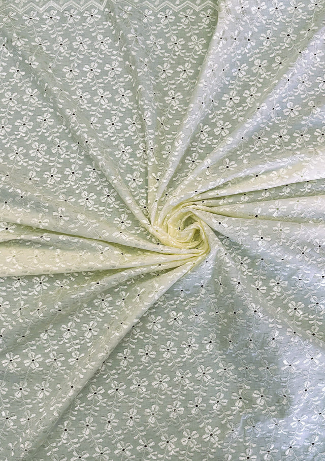 Heavy Eyelet Polyester Cotton Fabric - Ivory Floral Embroidery, 41"-42" Width