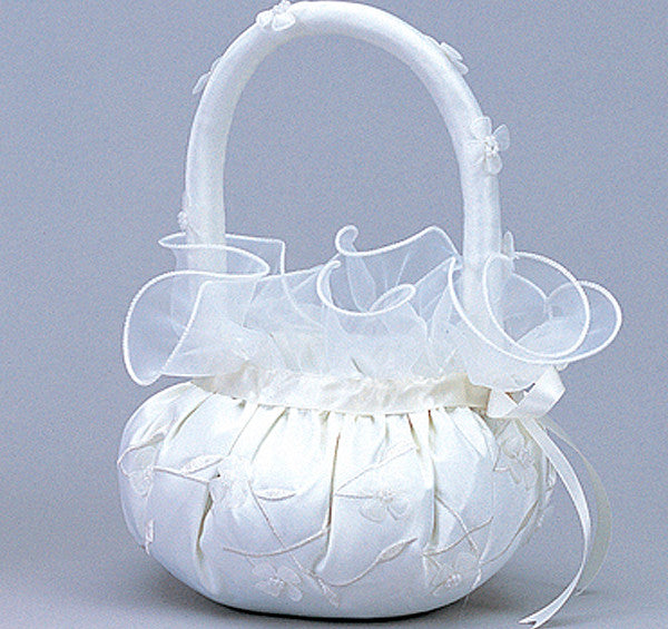 Ivory Satin Flower Girl Basket 2 with Organza Flowers Wedding
