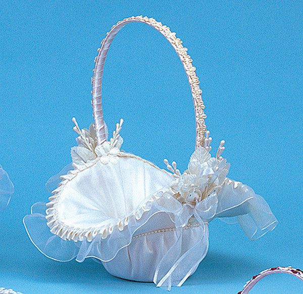 Ivory Satin Flower Girl Basket with Pearl 10x12 Inch