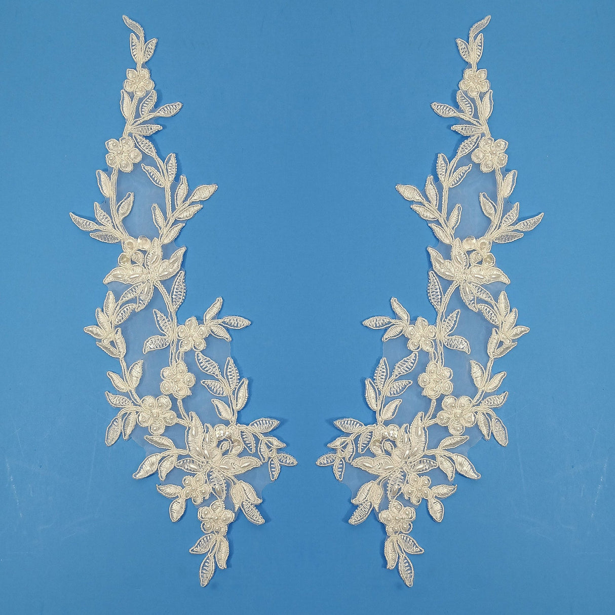 1 Pair Beaded & Corded Floral Lace Applique Embroidered on 100% Polyester Organza 13" x 4" Each Side