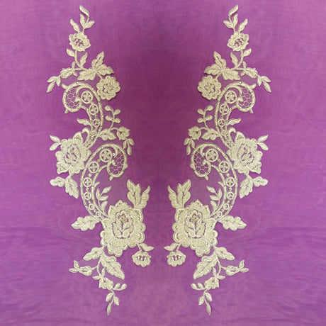 Beaded Corded Floral Lace Applique Polyester Fabric - Floral Embroidered Beaded Corded, 20" X 5.5" (1 Pair)
