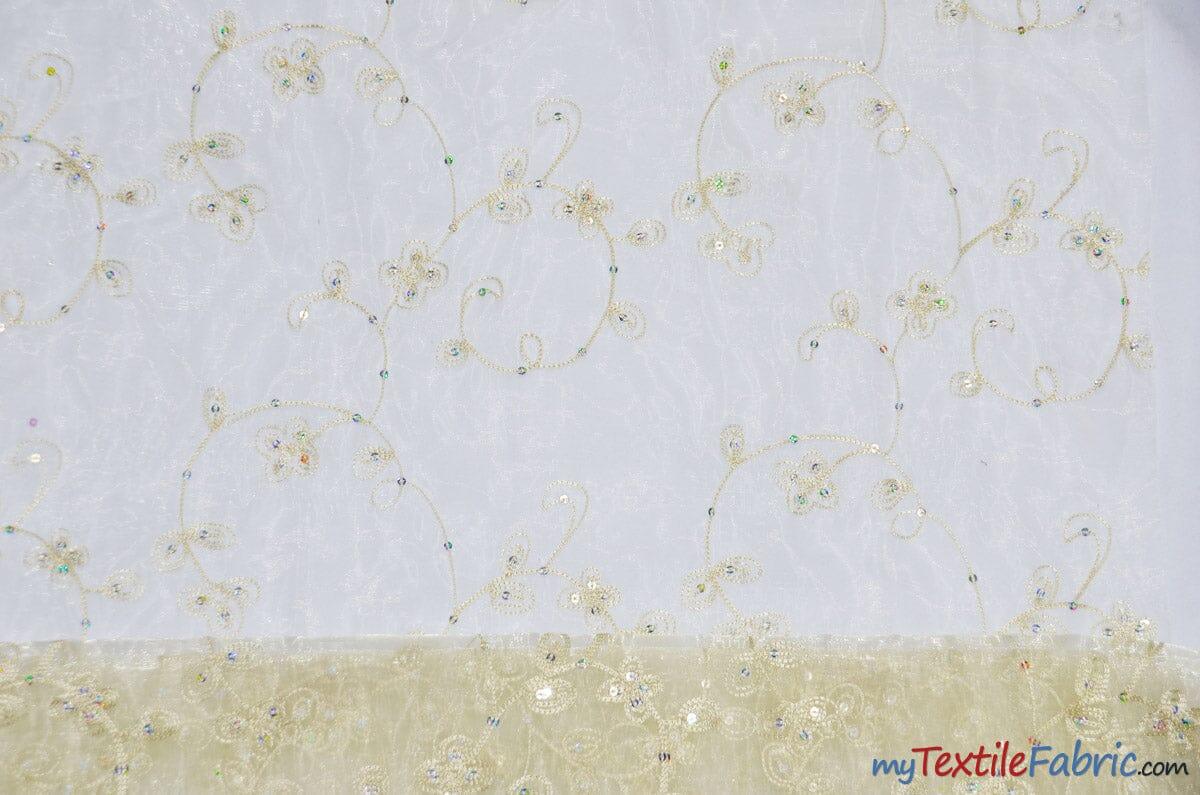 Dahlia Organza Embroidery Polyester Fabric - Embroidered Floral Sheer With Sequins Embellishment, 54" Width (1 Yard)