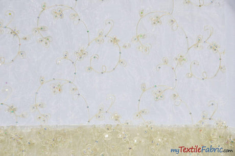 Dahlia Organza Embroidery Polyester Fabric - Embroidered Floral Sheer With Sequins Embellishment, 54" Width (1 Yard)