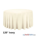 120" Round Polyester Seamless Tablecloth - Polyester Fabric, Seamless, Black, White, Ivory (By Piece)