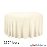 120" Round Polyester Seamless Tablecloth - Polyester Fabric, Seamless, Black, White, Ivory (By Piece)