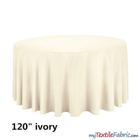 120" Round Polyester Seamless Tablecloth - Polyester Fabric, Seamless, Black, White, Ivory (By Piece)