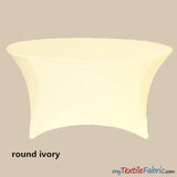 5Ft Diameter Round Polyester Spandex Tablecloth - Black, White, Ivory, Fits 60" Diameter Tables, 28/30" Height, Reinforced Bottoms (By Piece)