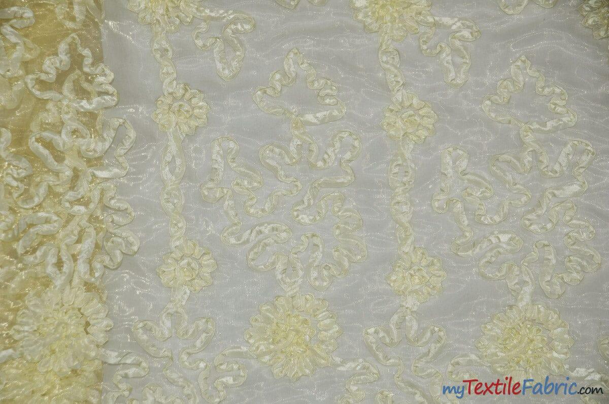 Luxury Organza Embroidery Polyester Fabric - Sheer Ribbon Embroidery, 54" Width, Multiple Colors (1 Yard)