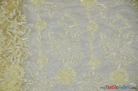 Luxury Organza Embroidery Polyester Fabric - Sheer Ribbon Embroidery, 54" Width, Multiple Colors (1 Yard)