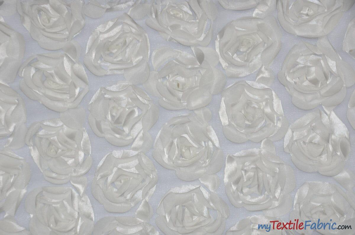 Rosette Satin Bordeaux Polyester Fabric - 3D Floral Satin Embroidered On A Mesh, Bordeaux, 52" Width (1 Yard)