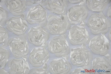 Rosette Satin Bordeaux Polyester Fabric - 3D Floral Satin Embroidered On A Mesh, Bordeaux, 52" Width (1 Yard)