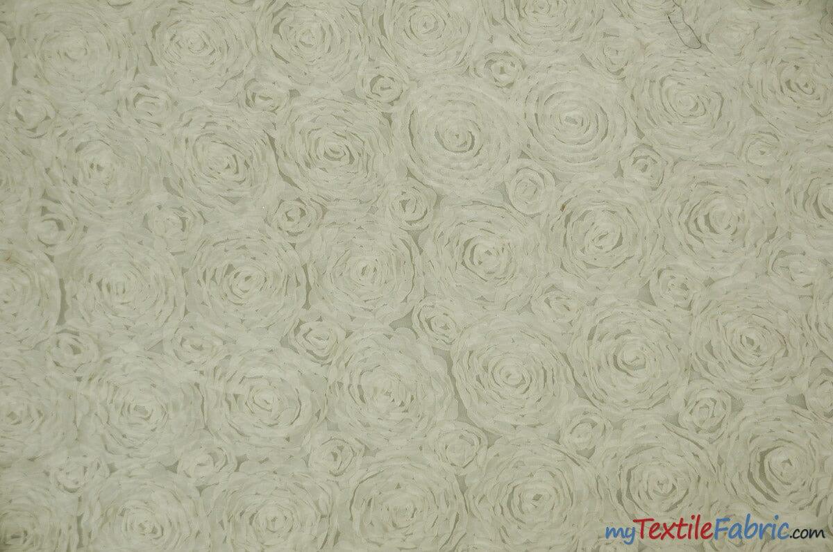Wedding Floral Chiffon Polyester Fabric - 3D Floral Embroidery, Semi Sheer, 52" Width, Champagne, White, Ivory (1 Yard)