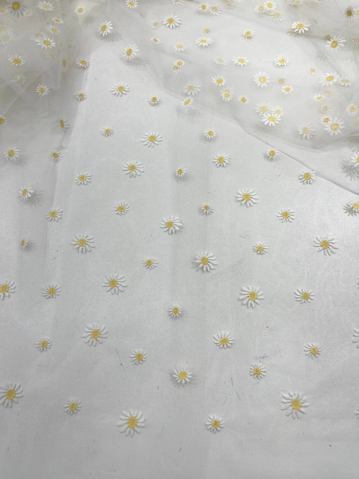 Ivory/Yellow Daisy Flowers Embroidered Lace Fabric - Ivory/Gold Floral Embroidery, 54" Width (1 Yard)