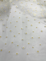 Ivory/Yellow Daisy Flowers Embroidered Lace Fabric - Ivory/Gold Floral Embroidery, 54" Width (1 Yard)