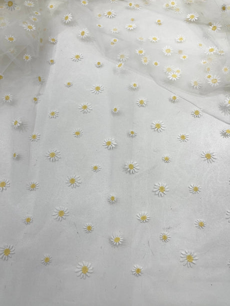 Ivory/Yellow Daisy Flowers Embroidered Lace Fabric - Ivory/Gold Floral Embroidery, 54" Width (1 Yard)