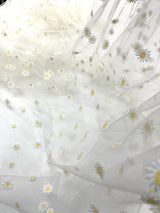 Ivory/Yellow Daisy Flowers Embroidered Lace Fabric - Ivory/Gold Floral Embroidery, 54" Width (1 Yard)