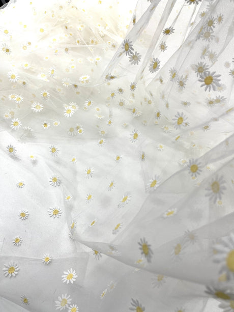 Ivory/Yellow Daisy Flowers Embroidered Lace Fabric - Ivory/Gold Floral Embroidery, 54" Width (1 Yard)
