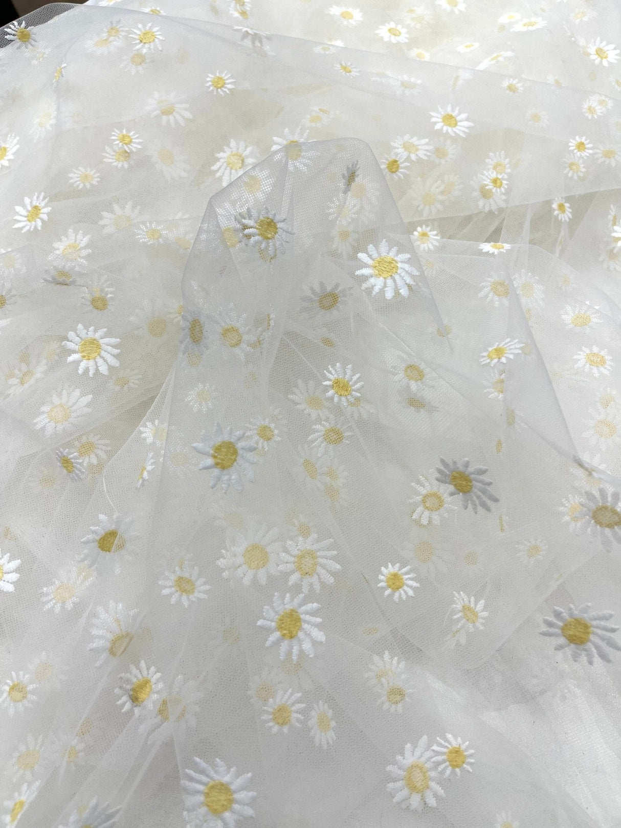 Ivory/Yellow Daisy Flowers Embroidered Lace Fabric - Ivory/Gold Floral Embroidery, 54" Width (1 Yard)