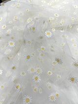 Ivory/Yellow Daisy Flowers Embroidered Lace Fabric - Ivory/Gold Floral Embroidery, 54" Width (1 Yard)
