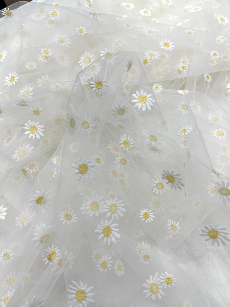 Ivory/Yellow Daisy Flowers Embroidered Lace Fabric - Ivory/Gold Floral Embroidery, 54" Width (1 Yard)