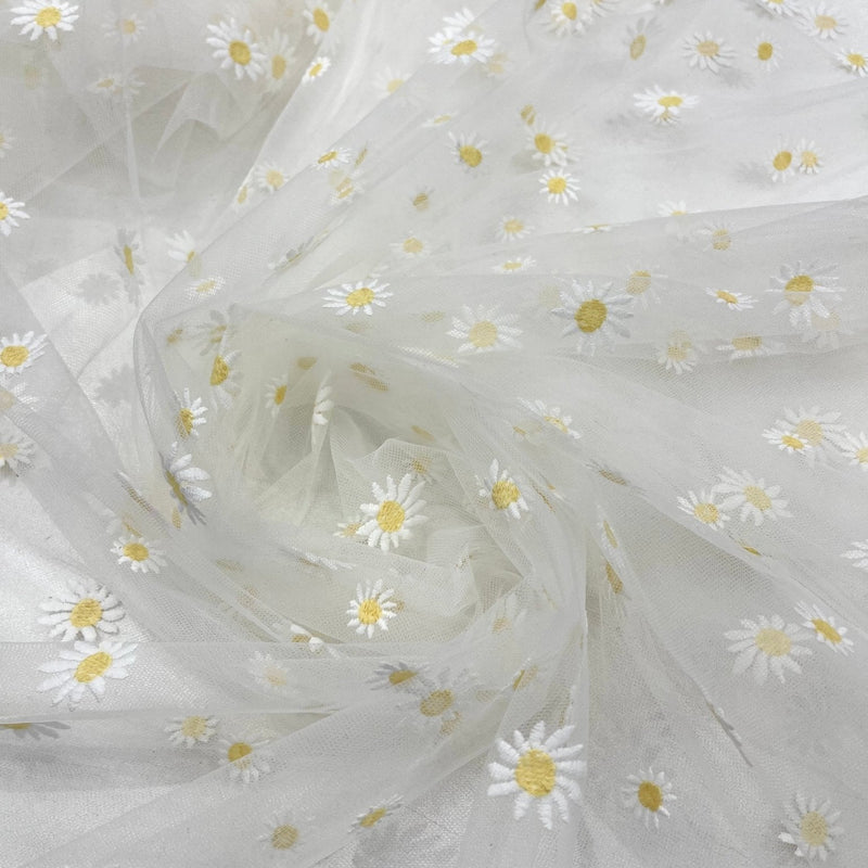 Ivory/Yellow Daisy Flowers Embroidered Lace Fabric - Ivory/Gold Floral Embroidery, 54" Width (1 Yard)