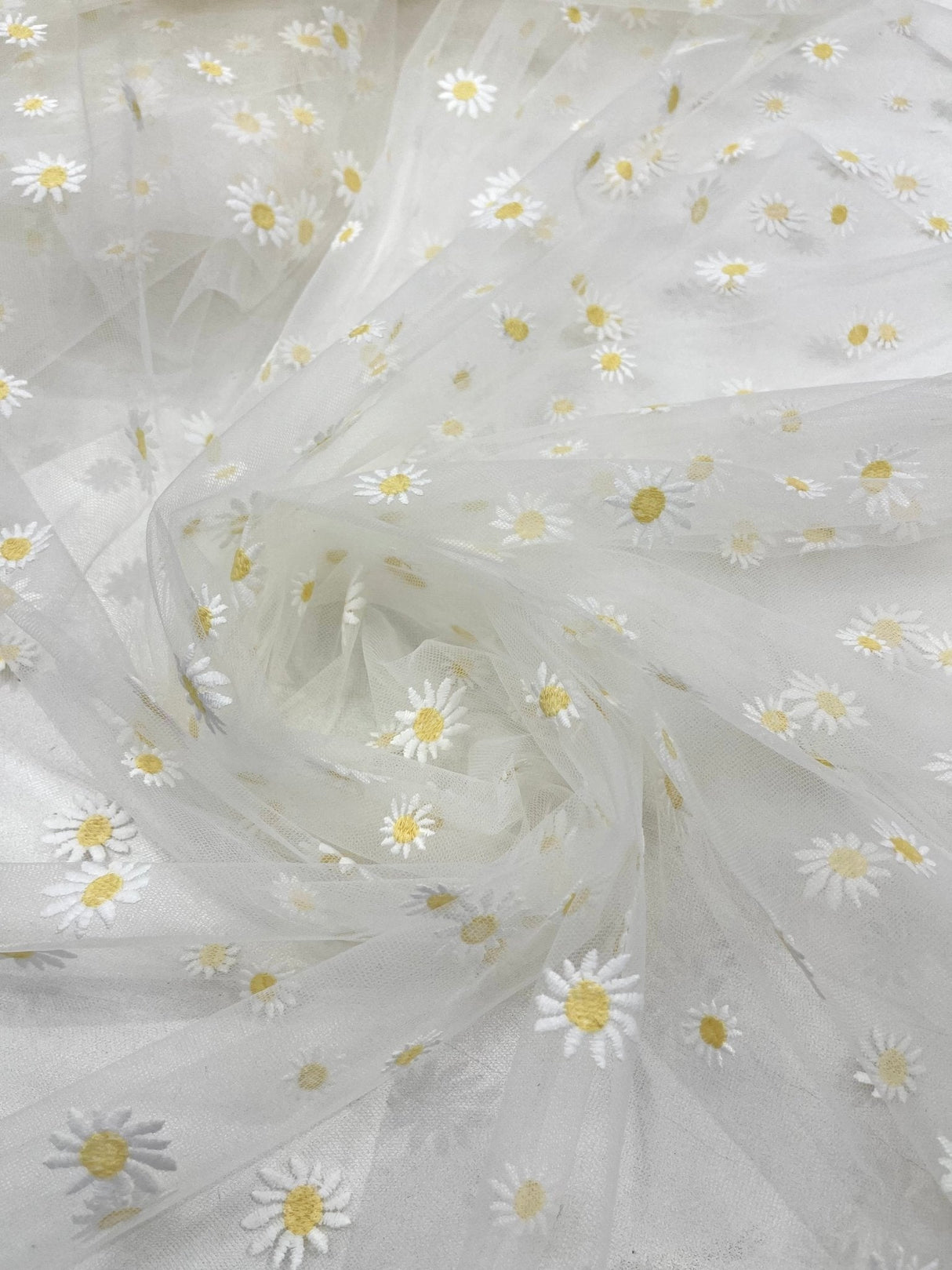 Ivory/Yellow Daisy Flowers Embroidered Lace Fabric - Ivory/Gold Floral Embroidery, 54" Width (1 Yard)