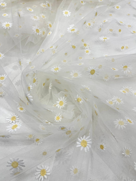 Ivory/Yellow Daisy Flowers Embroidered Lace Fabric - Ivory/Gold Floral Embroidery, 54" Width (1 Yard)
