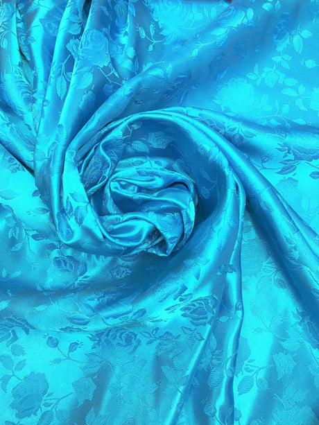 Turquoise Jacquard Satin Fabric - Turquoise, Reversible, 58"-60" Width