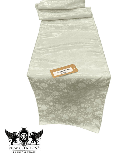 Jacquard Satin Roses Runner Satin Fabric - Ecru Rose Motif, 14" Wide x 120" Long (1 Runner)