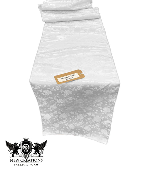 Jacquard Satin Roses Runner Satin Fabric - Ecru Rose Motif, 14" Wide x 120" Long (1 Runner)