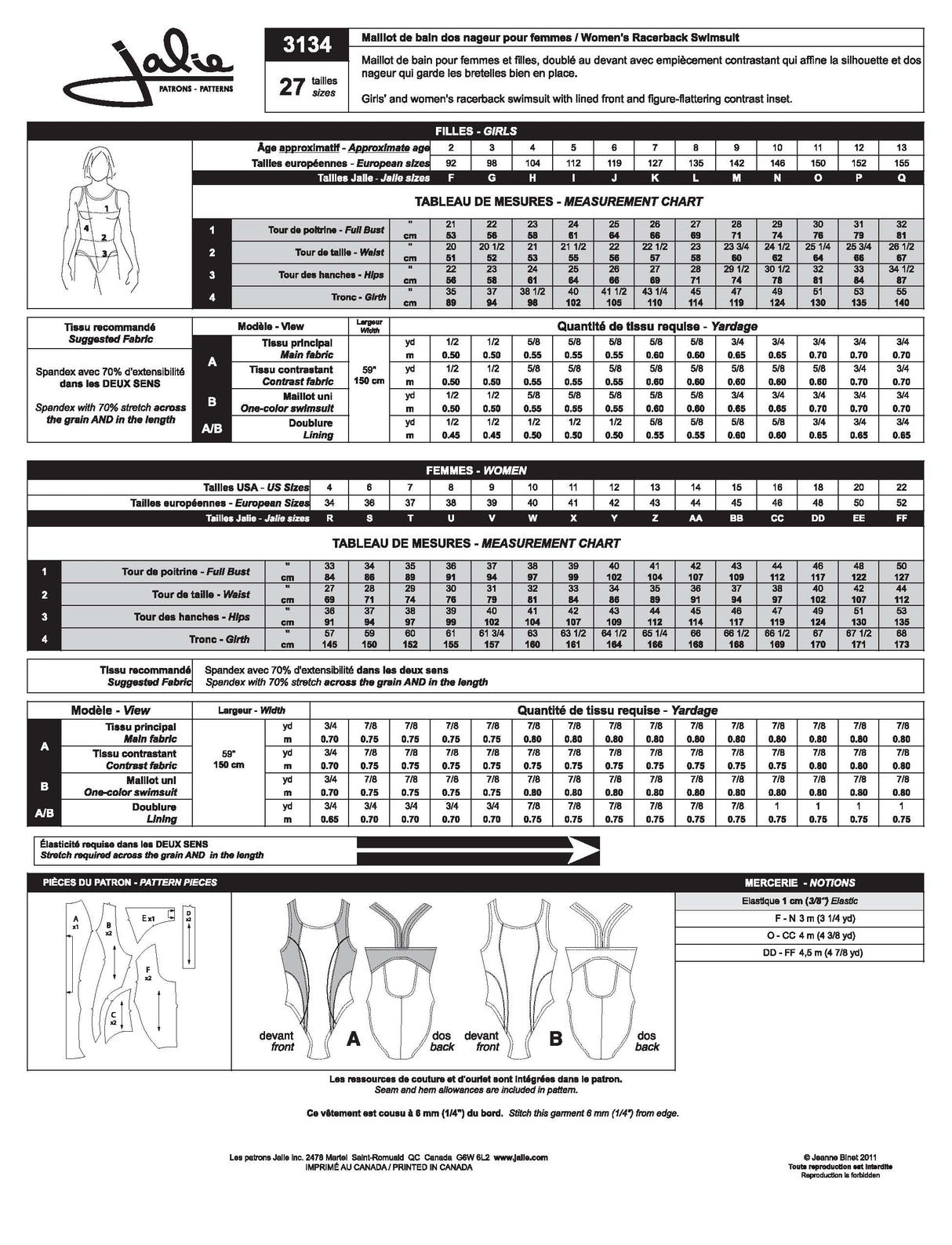 Sewing Pattern Women's and Girl's Racerback Swimsuit by Jalie