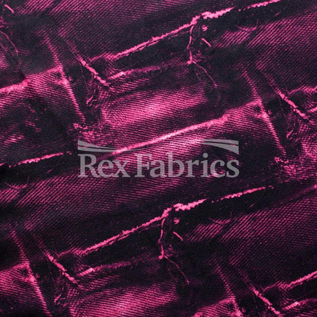 Jeans Patch Polyester Spandex Fabric - Blue/Fuchsia, Denim Patch Print, 60" Width (1 Yard)
