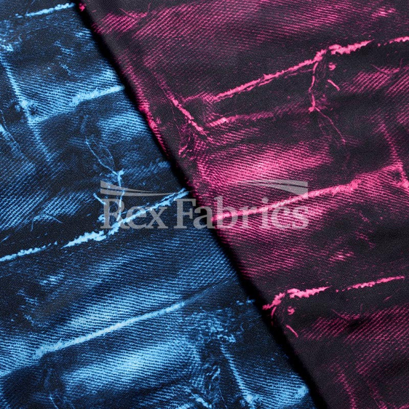 Jeans Patch Polyester Spandex Fabric - Blue/Fuchsia, Denim Patch Print, 60" Width (1 Yard)