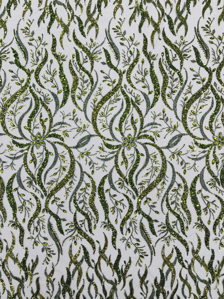 Jewel Vine Beaded Lace Polyester Fabric - Hand Beaded Vine Pattern, 54" Width (1 Yard)