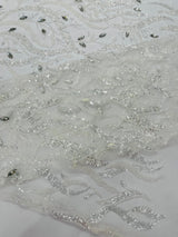 Jewel Vine Beaded Lace Polyester Fabric - Hand Beaded Vine Pattern, 54" Width (1 Yard)