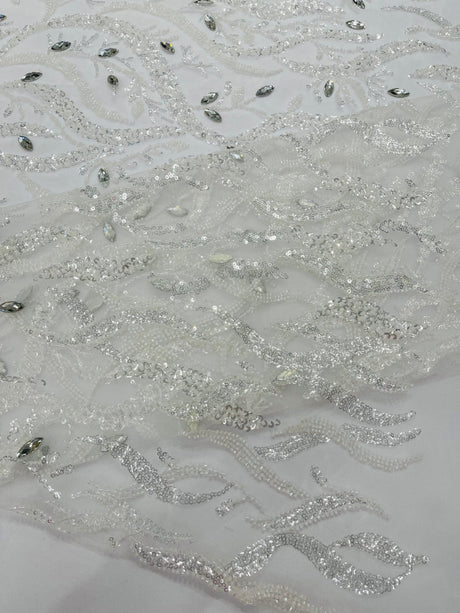 Jewel Vine Beaded Lace Polyester Fabric - Hand Beaded Vine Pattern, 54" Width (1 Yard)