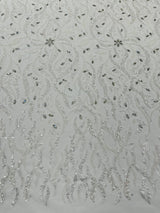 Jewel Vine Beaded Lace Polyester Fabric - Hand Beaded Vine Pattern, 54" Width (1 Yard)